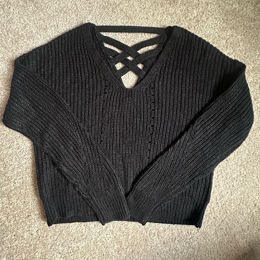 Aeropostale Black V-Neck Sweater with Crisscross Back